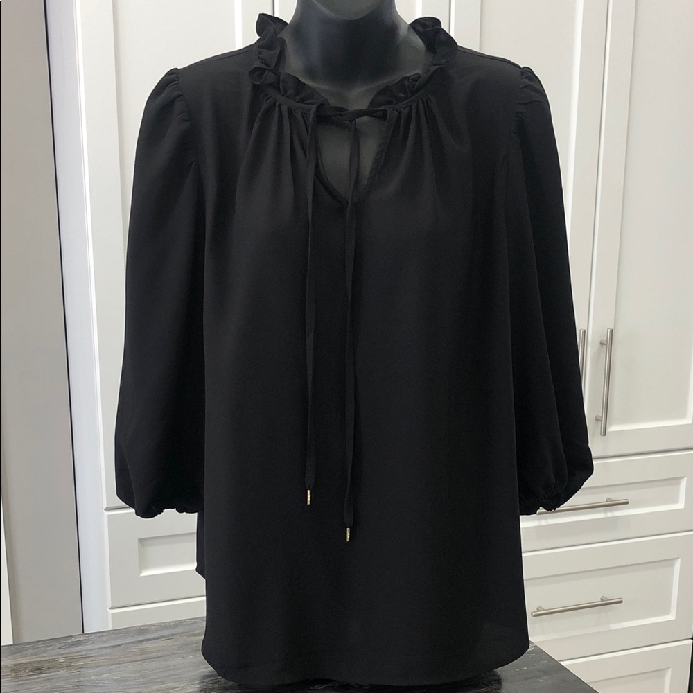 Anne Klein Black Ruffle Tie Neck Blouse | Women’s Large | 3/4 Sleeve